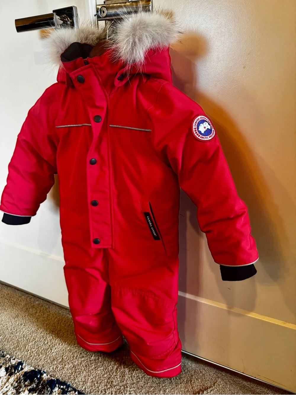 Canada Goose Red Kids Insulated One-Piece Snowsuit with Fur-Trim Hood